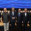 (L-R) Infosys CEO Salil Parekh along with Infosys co-founders K Dinesh, Nandan Nilekani, NR Narayana Murthy, Kris Gopalakrishnan, SD Shibulal