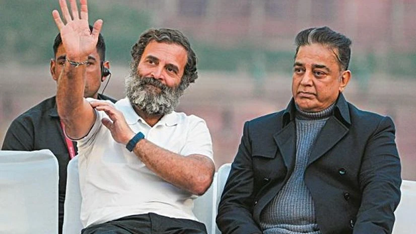 Kamal Hasan Rahul Gandhi Congress leader Rahul Gandhi with Makkal Needhi Maiamleader Kamal Haasan during the Bharat Jodo Yatra in New Delhi. (Photo: Twitter)
