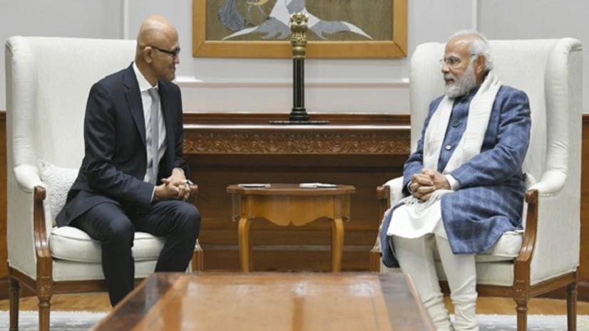 Satya Nadella with PM Modi Photo: ANI