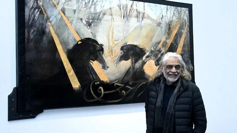 painting, Muzaffar ali Muzaffar Ali with his painting Secrets of the Divine, Oil and Acrylic on canvas. (Photo: Shahzid Cha