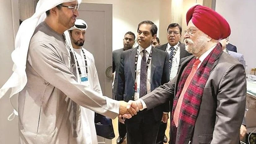 Union Minister for Petroleum and Natural Gas Hardeep Singh Puri (right) with COP28 president-designate Sultan al Jaber in Bengaluru | PHOTO: TWITTER Union Minister for Petroleum and Natural Gas Hardeep Singh Puri (right) with COP28 president-designate Sultan al Jaber in Bengaluru | PHOTO: TWITTER
