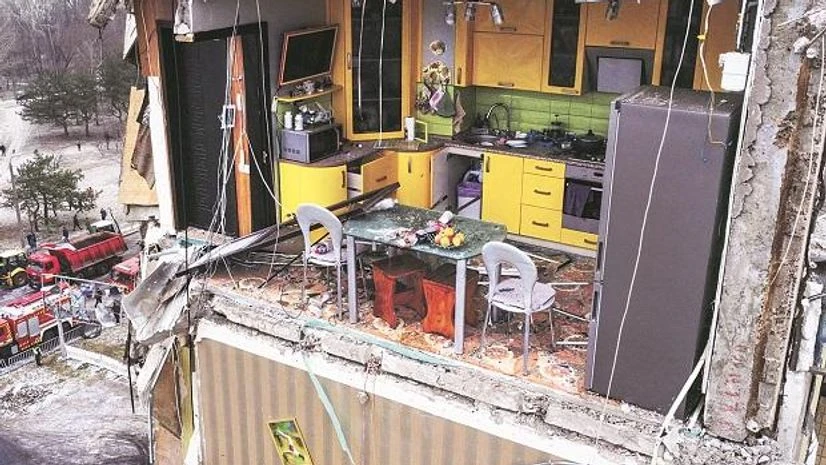 A view shows a kitchen inside an apartment block heavily damaged by a Russian missile strike A view shows a kitchen inside an apartment block heavily damaged by a Russian missile strike
