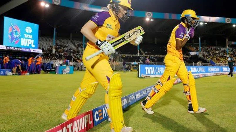 WPL 2023 Alyssa Healy and Shweta Sehrawat of UP Warriorz during match twenty of the Women’s Premier League between the UP Warriorz and the Delhi Capitals held at the Brabourne Stadium, Mumbai on the 21st March 2023 Photo by: Deepak Malik / SPORTZPICS for WPL