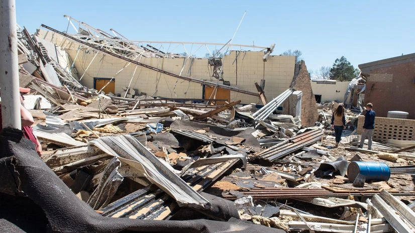 Tornado aftermath, damaged building Tornado aftermath, damaged building