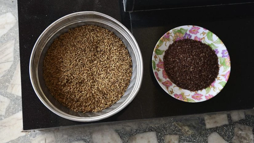 Pokkali rice, right, and Pokkali paddy, from previous harvest, sit at the house of Joseph in Chathamma, Kochi, Kerala Pokkali rice, right, and Pokkali paddy, from previous harvest, sit at the house of Joseph in Chathamma, Kochi, Kerala