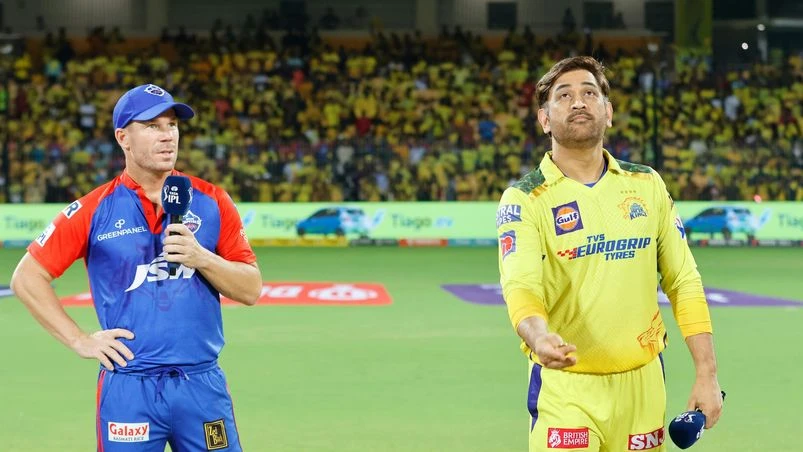 IPL 2023 David Warner of Delhi Capitals and MS Dhoni of Chennai Super Kings at toss during match 55 of the Tata Indian Premier League between CSK and DC held at the MA Chidambaram Stadium, Chennai on the 10th May 2023 Photo: Sportzpics