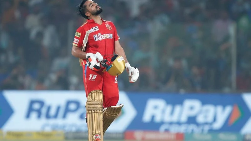 IPL 2023 Prabhsimran Singh of Punjab Kings celebrate his century during match 59 of the Tata Indian Premier League between the Delhi Capitals and the Punjab Kings held at the Arun Jaitley Stadium, Delhi on the 13th May 2023 Photo by: Arjun Singh / SPORTZPICS