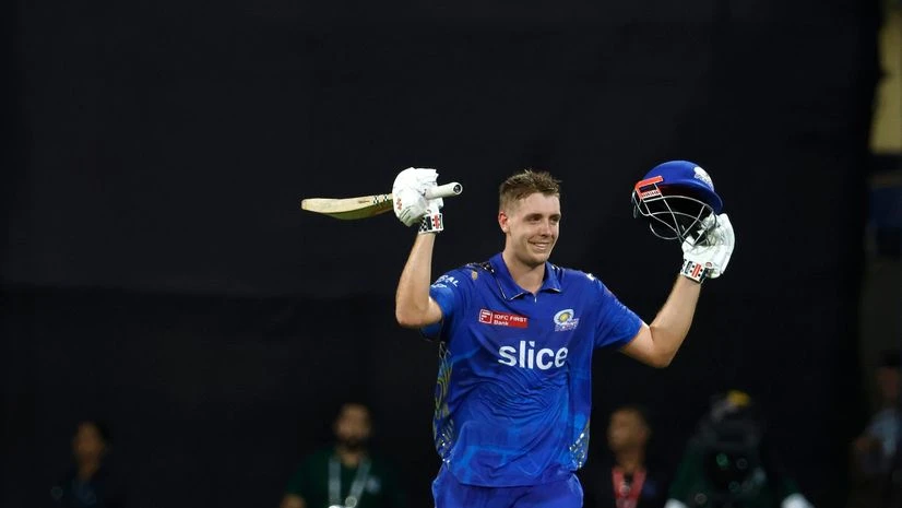 IPL 2023 Cameron Green of Mumbai Indians celebrates after scoring a hundred during match 69 of the Tata Indian Premier League between the Mumbai Indians and the Sunrisers Hyderabad at the Wankhede Stadium, Mumbai on the 21st May 2023 Photo by: Vipin Pawar