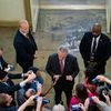 US House Speaker Kevin McCarthy, a Republican from California, center, speaks to members of the media while arriving at the US Capitol in Washington, DC, US, on Thursday, May 25, 2023.