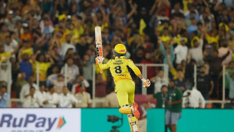IPL 2023 Ravindra Jadeja of Chennai Super Kings celebrating win during the Final of the Tata Indian Premier League between the Chennai Super Kings and the Gujarat Titans held at the Narendra Modi Stadium in Ahmedabad on the 29th May 2023 Photo by: Sportzpics