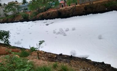 Foam buildup at main outlet after heavy rain Foam buildup at main outlet after heavy rain