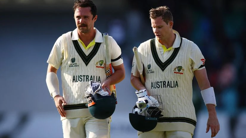 WTC Final Australia's Travis Head and Steven Smith at the end of the first day's play in World Test Championships Final. Photo: Reuters/Paul Childs