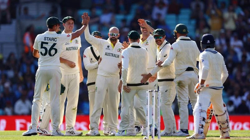 WTC Final, Nathan Lyon Australia's Nathan Lyon celebrates the wicket of India's Ravindra Jadeja with teammates. Photo: Reuters/Paul Childs