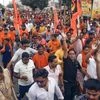 Vishva Hindu Parishad (VHP) and Bajrang Dal supporters take part in a protest march against the violence that erupted in Haryana's Nuh district, in Noida