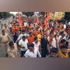 Vishva Hindu Parishad, VHP, Bajrang Dal Vishva Hindu Parishad (VHP) and Bajrang Dal supporters take part in a protest march against the violence that erupted in Haryana's Nuh district, in Noida