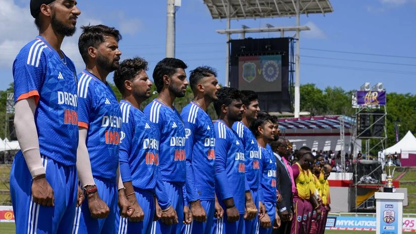 India vs West Indies Players of India's cricket team line up during the anthems ceremony prior to their first T20 cricket match against West Indies at Brian Lara Stadium in Tarouba, Trinidad and Tobago, Thursday, Aug. 3, 2023. (AP/PTI)