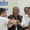 Congress leader Rahul Gandhi with party chief Mallikarjun Kharge at AICC headquarters