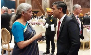 FM Sitharaman exchanges pleasantries with UK PM Sunak at G20 dinner FM Nirmala Sitharaman and UK PM Rishi Sunak