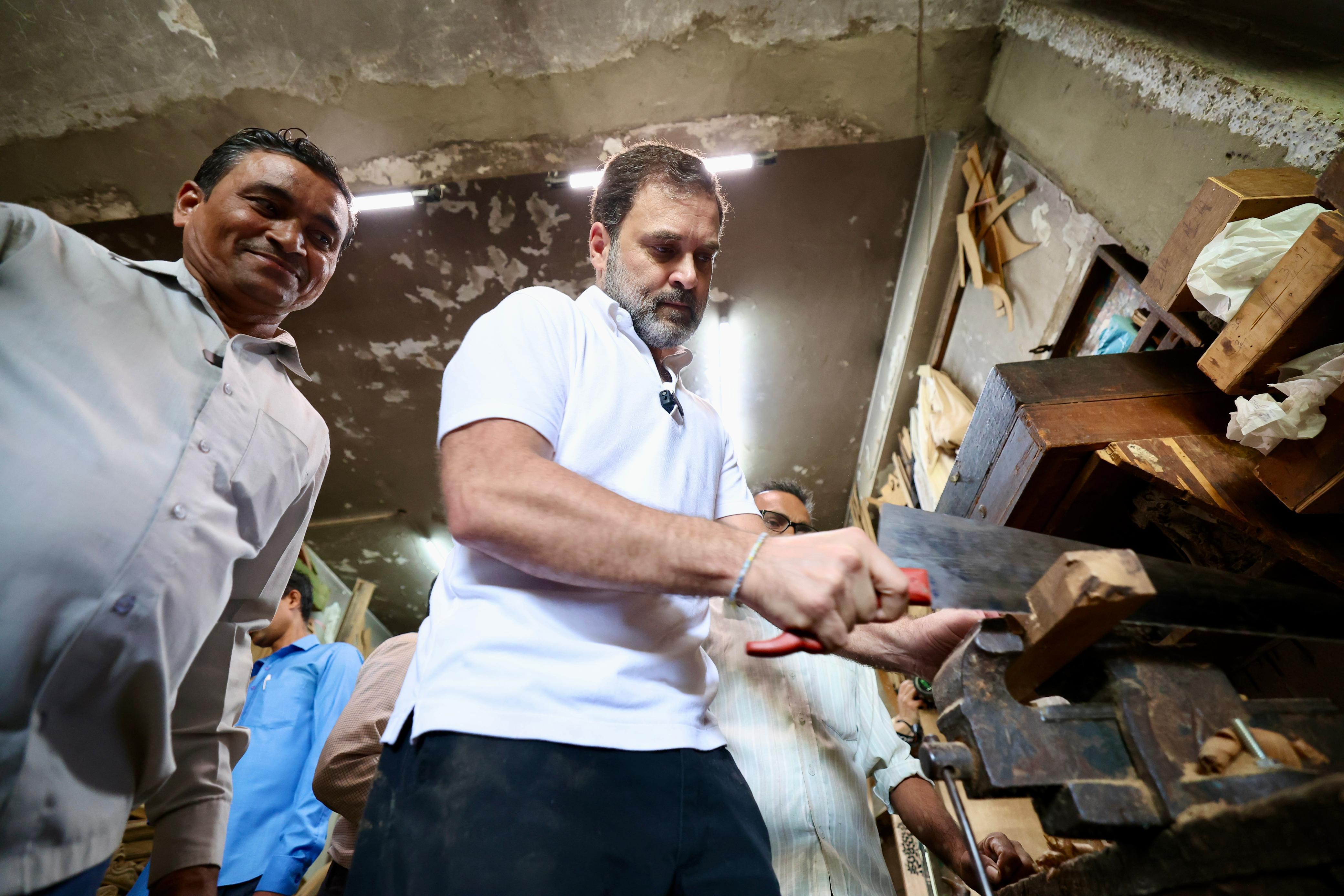 Rahul Gandhi meets carpenters, builds furniture in Delhi's Kirti Nagar