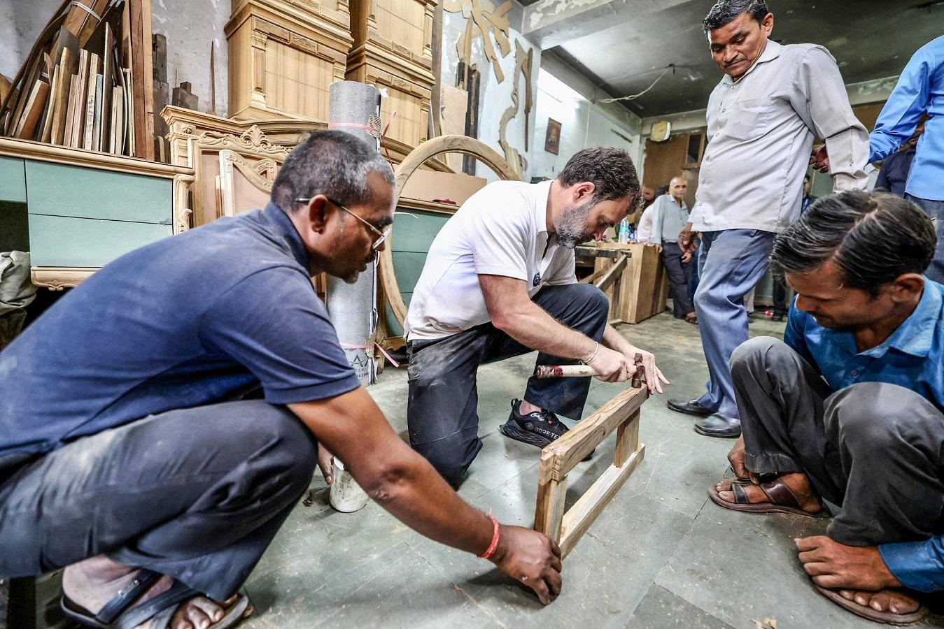 Rahul Gandhi meets carpenters at Delhi's Kirti Nagar furniture market