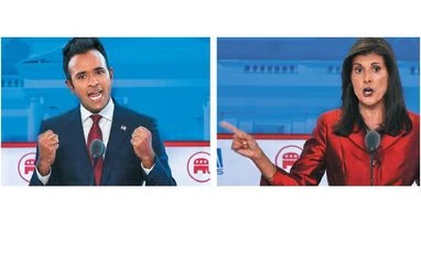 Ramaswamy calls Haley fascist; she says responding not worth her time Republican presidential candidates Vivek Ramaswamy (left) and Nikki Haley at the second GOP debate on Wednesday photos: reuters