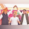 Congress leader Rahul Gandhi flanked by CM Ashok Gehlot and party leader Sachin Pilot in Churu, Rajasthan (Photos: PTI) Congress leader Rahul Gandhi flanked by CM Ashok Gehlot and party leader Sachin Pilot in Churu, Rajasthan (Photos: PTI)