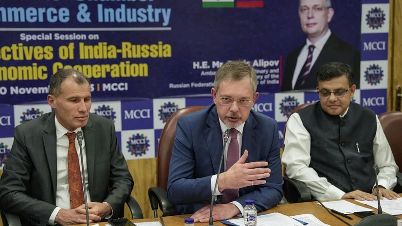 Russian Ambassador to India Denis Alipov (C) with Consul General of Russian Federation in Kolkata Alexey M. Idamkin (L) and former president of Merchants' Chamber of Commerce & Industry (MCCI) Rishabh C Kothari Russian Ambassador to India Denis Alipov (C) with Consul General of Russian Federation in Kolkata Alexey M. Idamkin (L) and former president of Merchants' Chamber of Commerce & Industry (MCCI) Rishabh C Kothari