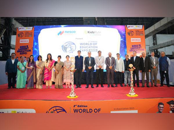 From L-R: Rajan Navani, Chairman & MD, JetSynthesys (8th); Chetan Dsouza, Founder & CEO, KidzByte MediaTech (1st) and Kumar Razdan, Vice President, Nesco Events (4th) at World of Education Expo 2023.