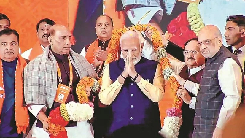 PM Narendra Modi (centre) with Union Home Minister Amit Shah, Defence Minister Rajnath Singh, BJP National President JP Nadda, and others on Sunday | PHOTO: PTI PM Narendra Modi (centre) with Union Home Minister Amit Shah, Defence Minister Rajnath Singh, BJP National President JP Nadda, and others on Sunday | PHOTO: PTI