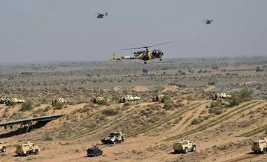 Bharat Shakti Indian armed forces in action at 'Bharat Shakti' integrated tri-services firepower exercise held at Rajasthan's Pokhran field firing range on March 12, 2024. Image credit: @adgpi (Social media platform X)