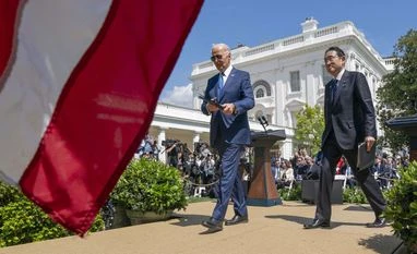 President Joe Biden, left, and Japanese Prime Minister Fumio Kishida depart after a news conference in the Rose Garden of the White House, Wednesday, April 10, 2024, in Washington (AP/PTI) President Joe Biden, left, and Japanese Prime Minister Fumio Kishida depart after a news conference in the Rose Garden of the White House, Wednesday, April 10, 2024, in Washington (AP/PTI)