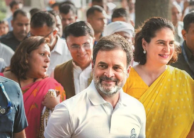 Senior Congress leaders Rahul Gandhi and Priyanka Gandhi Vadra at party headquarters in New Delhi, after INDIA bloc's strong showing in Lok Sabha polls Senior Congress leaders Rahul Gandhi and Priyanka Gandhi Vadra at party headquarters in New Delhi, after INDIA bloc's strong showing in Lok Sabha polls