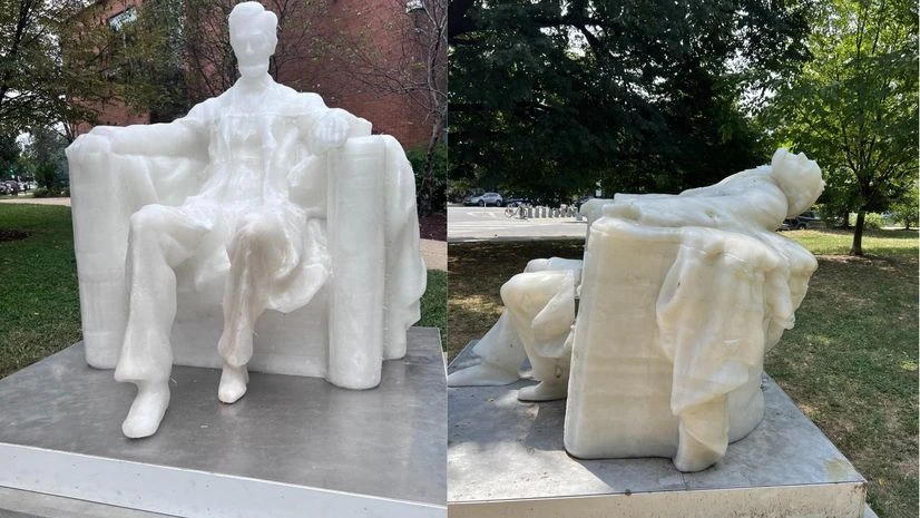 Before and after images of six-foot-tall wax replica of the Abraham Lincoln at Garrison Elementary School Before and after images of six-foot-tall wax replica of the Abraham Lincoln at Garrison Elementary School (Photo: X)