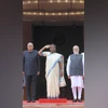 President Droupadi Murmu takes salute of her bodyguards as Vice-President Jagdeep Dhankhar and Prime Minister Narendra Modi look on, at Parliament during the joint sitting of both Houses in New Delhi on Thursday PHOTO: PTI President Droupadi Murmu takes salute of her bodyguards as Vice-President Jagdeep Dhankhar and Prime Minister Narendra Modi look on, at Parliament during the joint sitting of both Houses in New Delhi on Thursday PHOTO: PTI