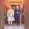 Prime Minister Narendra Modi with Maldives President Mohamed Muizzu (right) before a meeting at Hyderabad House in New Delhi on Monday. (Photo: PTI) Prime Minister Narendra Modi with Maldives President Mohamed Muizzu (right) before a meeting at Hyderabad House in New Delhi on Monday. (Photo: PTI)