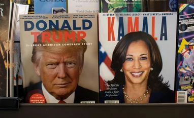 TRUMP, HARRIS Magazines published by A360 Media with presidential nominees Donald J. Trump and Kamala Harris on the covers are displayed at a bookstore in Tigard, Oregon. Photo: Shutterstock