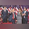 Republican candiate Donald Trump with wife Melania Trump, son Barron Trump (extreme left), running mate J D Vance, at Palm Beach County Convention Center in Florida, after Trump's victory in the US presidential election on Wednesday | photo: reuters Republican candiate Donald Trump with wife Melania Trump, son Barron Trump (extreme left), running mate J D Vance, at Palm Beach County Convention Center in Florida, after Trump’s victory in the US presidential election on Wednesday | photo: reuters