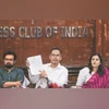 Congress MP Gaurav Gogoi and Shiv Sena (UBT) MP Priyanka Chaturvedi during a press conference of the INDIA bloc in New Delhi on Thursday	PHOTO:PTI