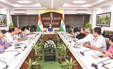 Hospitals prepare for emergencies; Aiims, others cancel leave of employees Union Health Minister J P Nadda during a meeting with senior officials of the ministry to review health infrastructure preparedness across hospitals in New Delhi on Friday | Photo: PTI