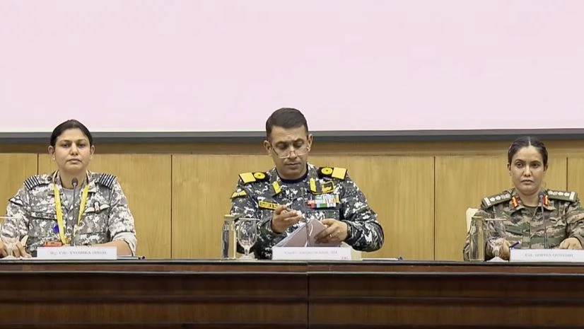 Wing Commander Vyomika Singh, Air Commodore Raghu R Nair, and Colonel Sofiya Qureshi Wing Commander Vyomika Singh, Air Commodore Raghu R Nair, and Colonel Sofiya Qureshi