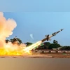 The short-to-medium range surface-to-air missile Pechora being fired towards a target at an undisclosed test-firing range in India