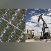 Workers prune goji berry bushes under solar panels near Yinchuan, China. Oil well pump jacks in San Ardo, California