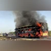 Jaisalmer: A bus traveling from Jaisalmer to Jodhpur catches fire, near Thaiyat village in Jaisalmer district, Rajasthan, Tuesday, Oct. 14, 2025 | (PTI Photo)