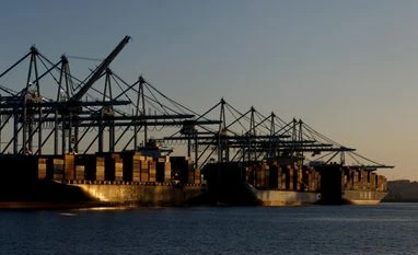 Container ships at the Port of Los Angeles in August Container ships at the Port of Los Angeles in August