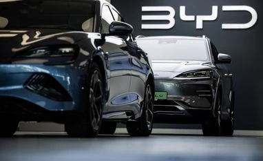 BYD A BYD Seal electric vehicle, right, at a showroom in Budapest