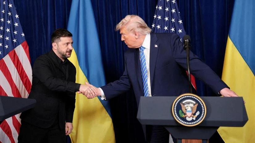 US President Donald Trump and Ukrainian President Volodymyr Zelenskiy shake hands during a press conference after their lunch meeting at Trump's Mar-a-Lago club | REUTERS US President Donald Trump and Ukrainian President Volodymyr Zelenskiy shake hands during a press conference after their lunch meeting at Trump's Mar-a-Lago club | REUTERS