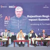 (From left) Rajyavardhan Singh Rathore, minister of youth affairs and sports, Rajasthan; Rajasthan CM Bhajan Lal Sharma; and Union Minister of State for Electronics and Information Technology Jitin Prasada at the Rajasthan Regional AI Impact Conferen