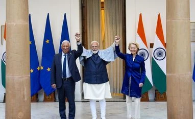 Prime Minister Narendra Modi with European Council President Antonio Costa, left, and European Commission President Ursula von der Leyen, right, during their meeting at the Hyderabad House, in New Delhi, Tuesday, Jan. 27, 2026. (PTI Photo/Salman Ali) Prime Minister Narendra Modi with European Council President Antonio Costa, left, and European Commission President Ursula von der Leyen, right, during their meeting at the Hyderabad House, in New Delhi, Tuesday, Jan. 27, 2026. (PTI Photo/Salman Ali)