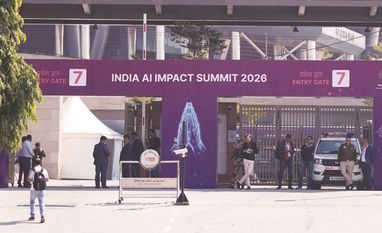 The entrance of Bharat Mandapam in New Delhi on Monday | Photo: PTI The entrance of Bharat Mandapam in New Delhi on Monday | Photo: PTI