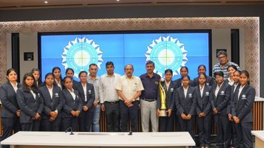 BCCI officials with the Indian women's blind team BCCI officials with the Indian women's blind team
